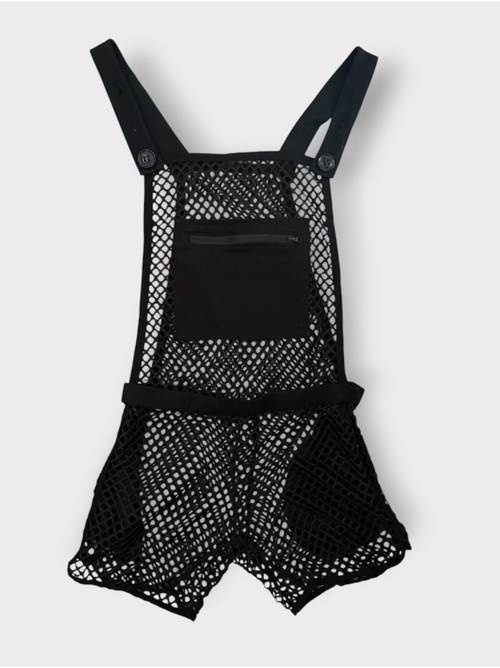 Fishnet Mesh Net Romper Overall Shorts, Knobs SF by Bryan Hill in Black size S/M